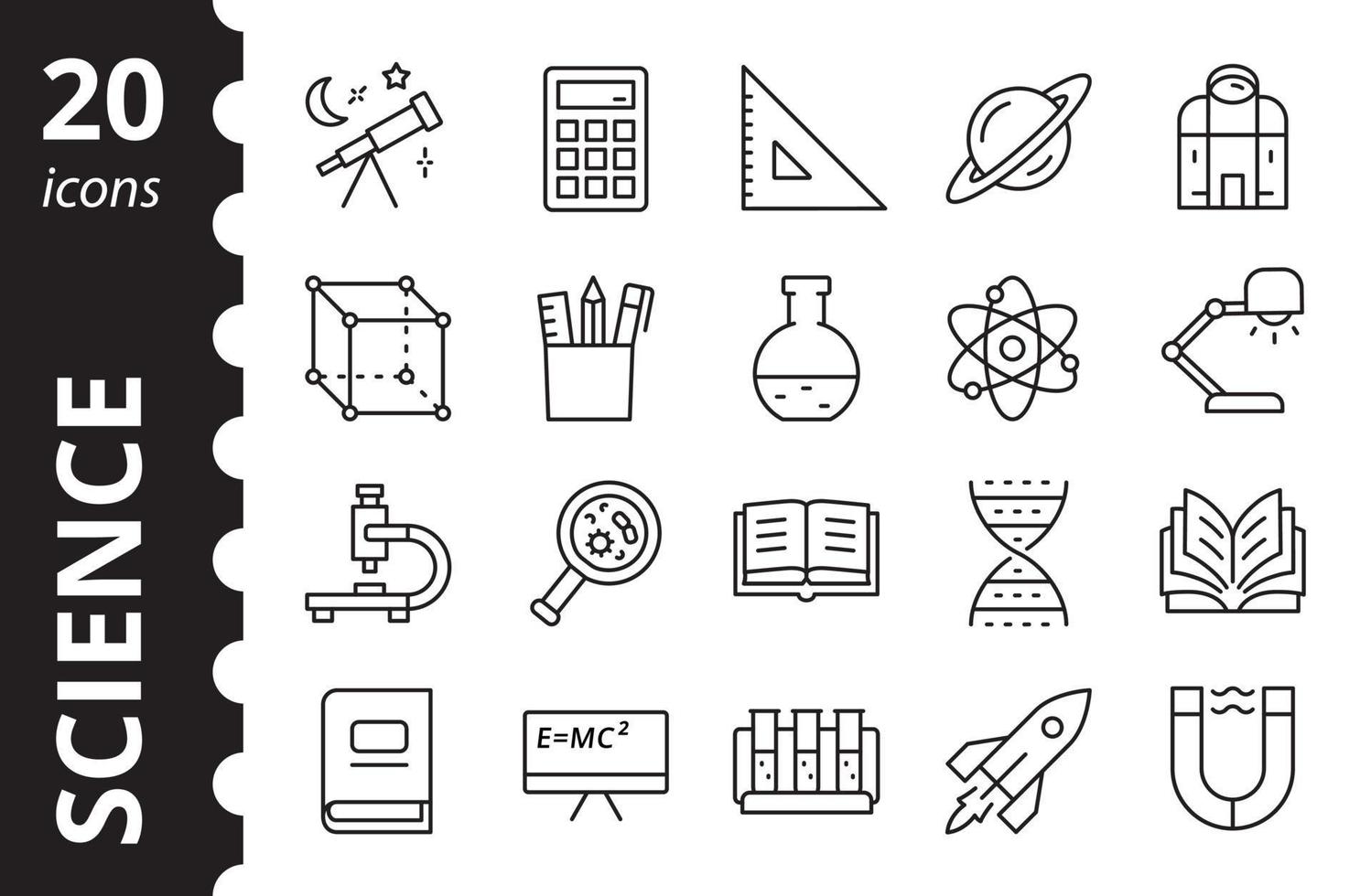 conjunto de iconos de ciencia. colección de símbolos relacionados con la investigación en medicina, astronomía, física. signos de contorno simple. vector