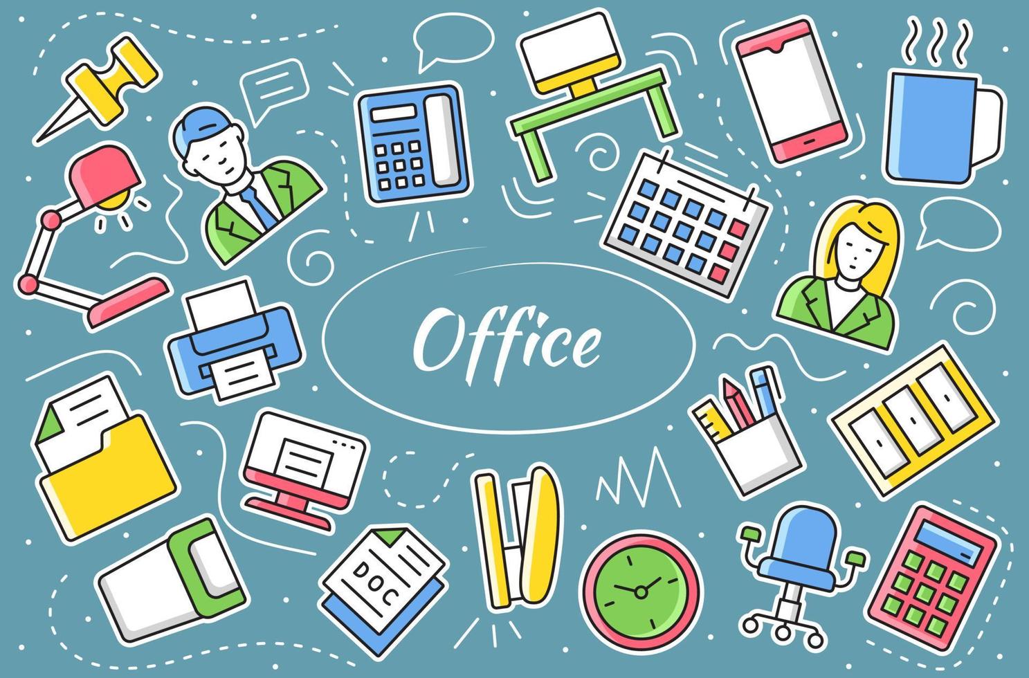Office workspace - sticker set. Elements and objects collection. Simple vector illustration.