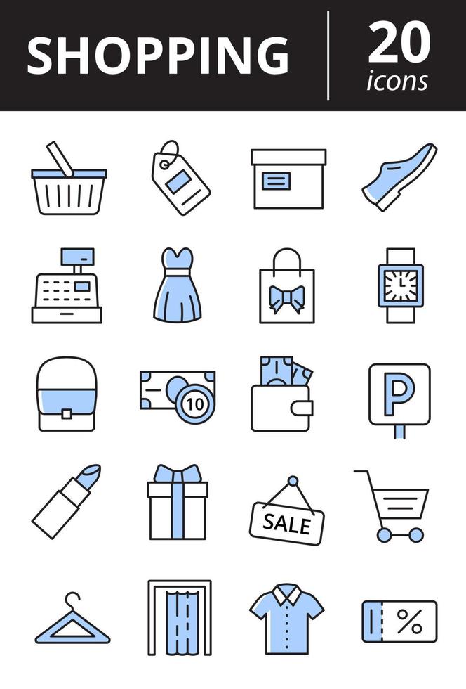 Shopping icon set. Purchases, retail outline web icon collection in color. Vector illustration.