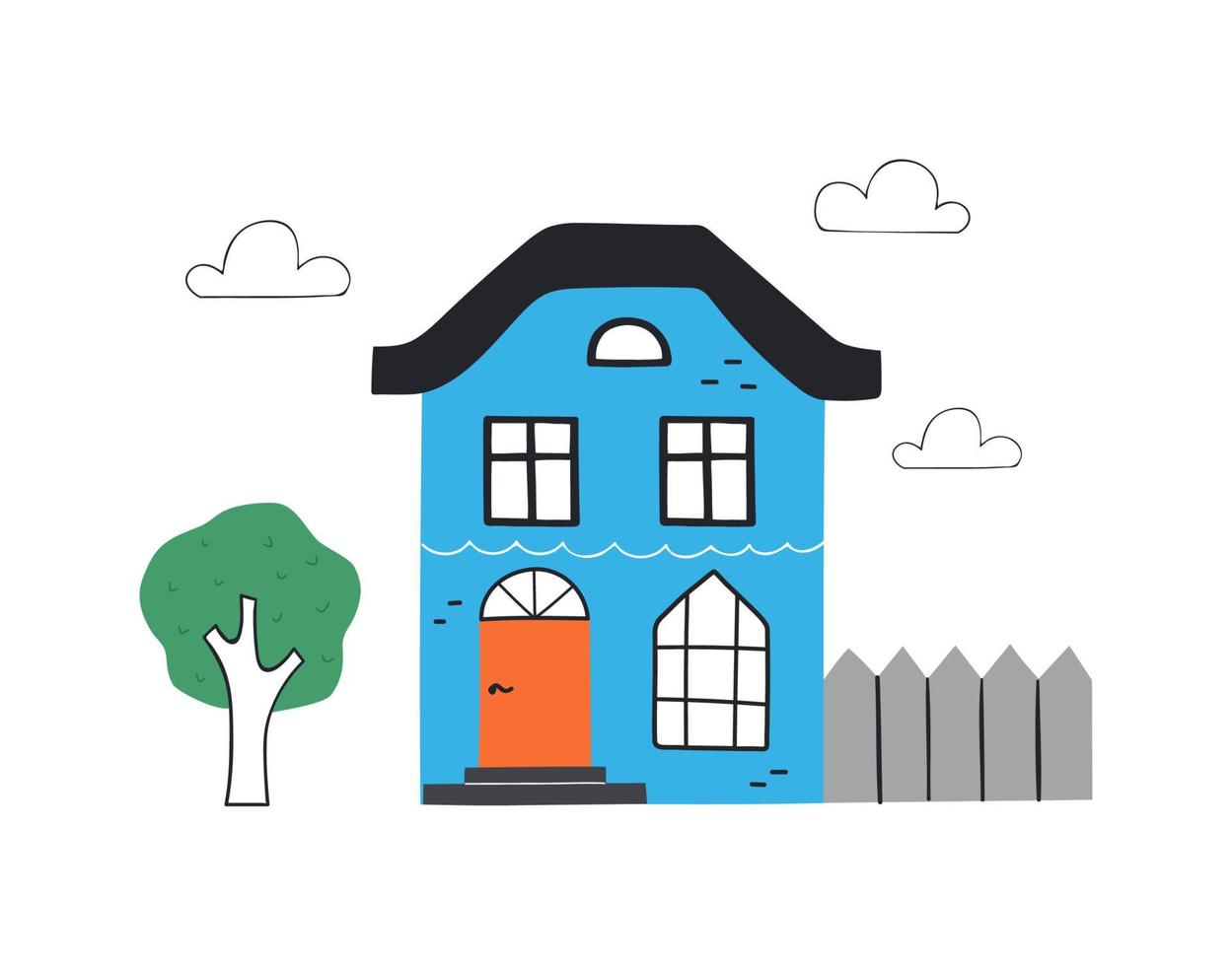 linda casa azul con árbol. ilustración de moda dibujada a mano. vector
