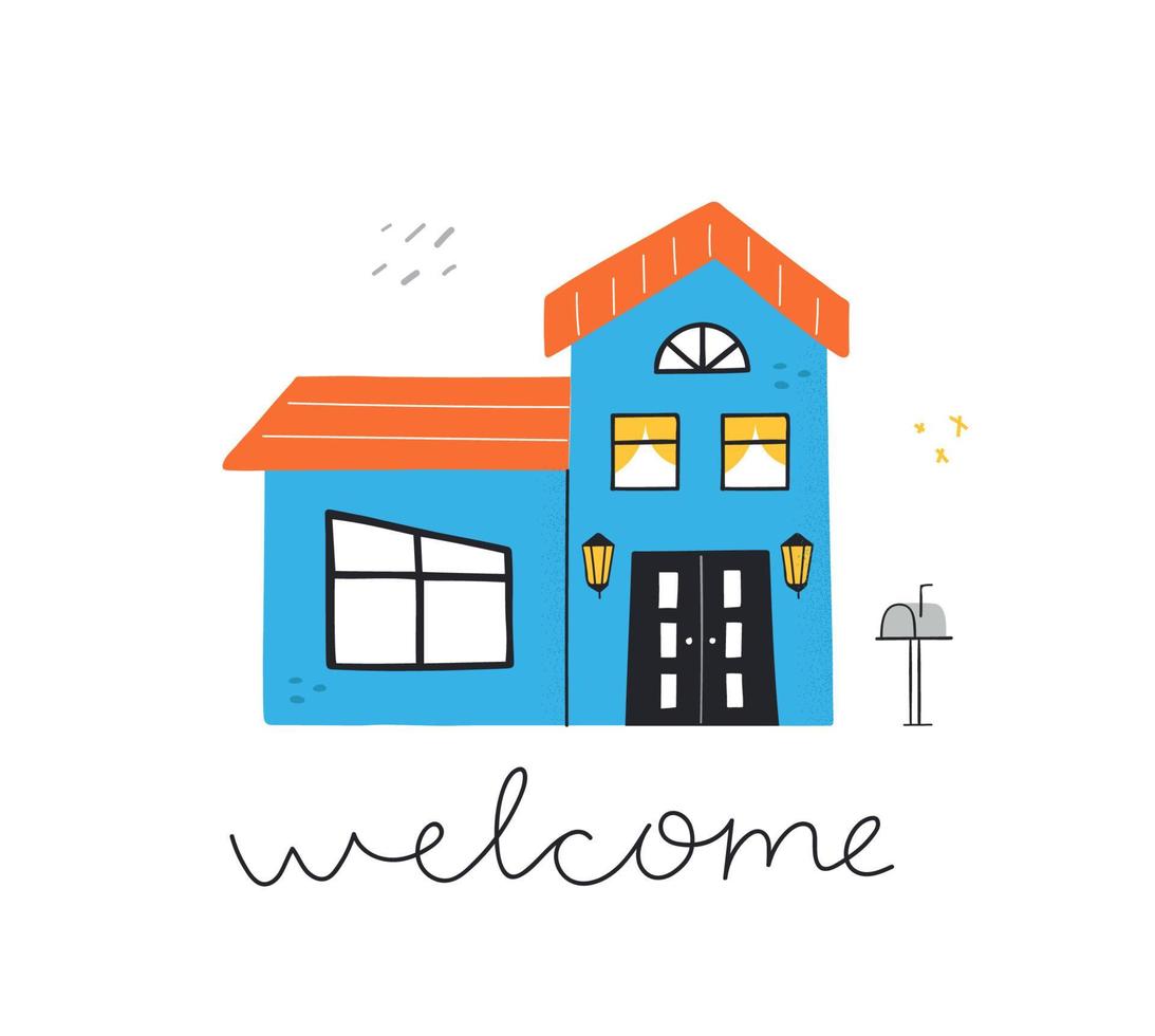 linda casa azul con letras de bienvenida. ilustración de casa moderna dibujada a mano. vector