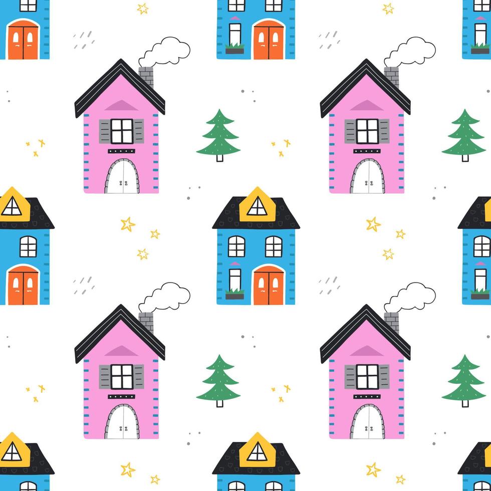 Seamless pattern with cute houses. Vector illustration.