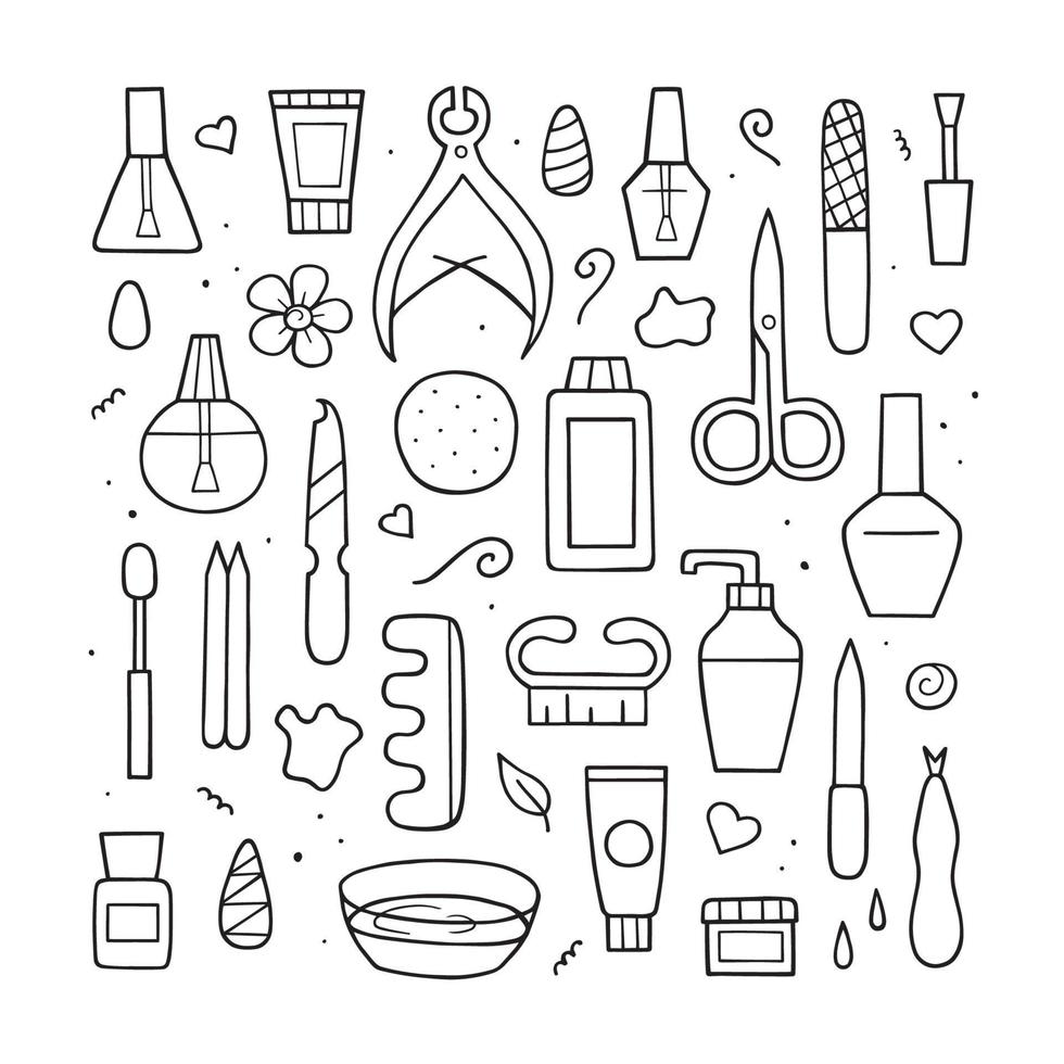 Manicure equipment set. Collection hand drawn different tools. Doodle sketch style. Vector outline illustration for banner, website, landing page, background.