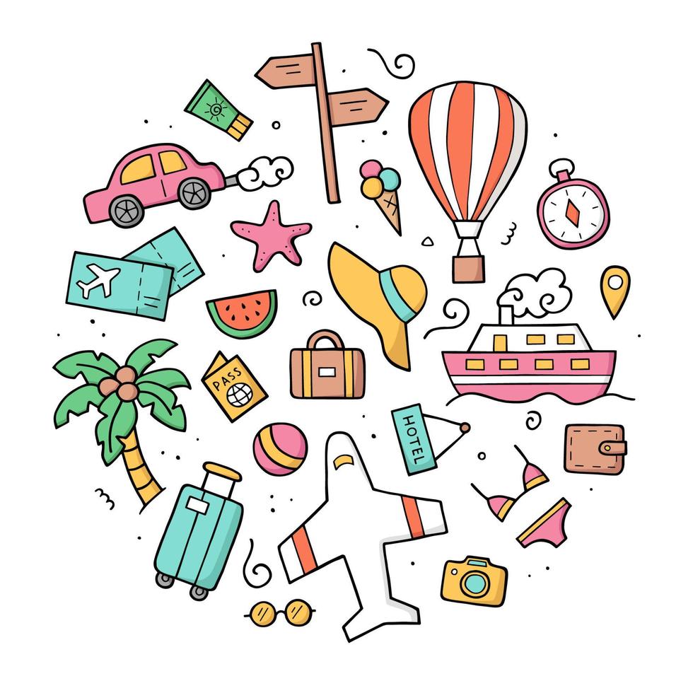 Hand drawn set of travel in color. Doodle sketch style. Elements of traveling. Vector outline illustration for banner, website, landing page, background.