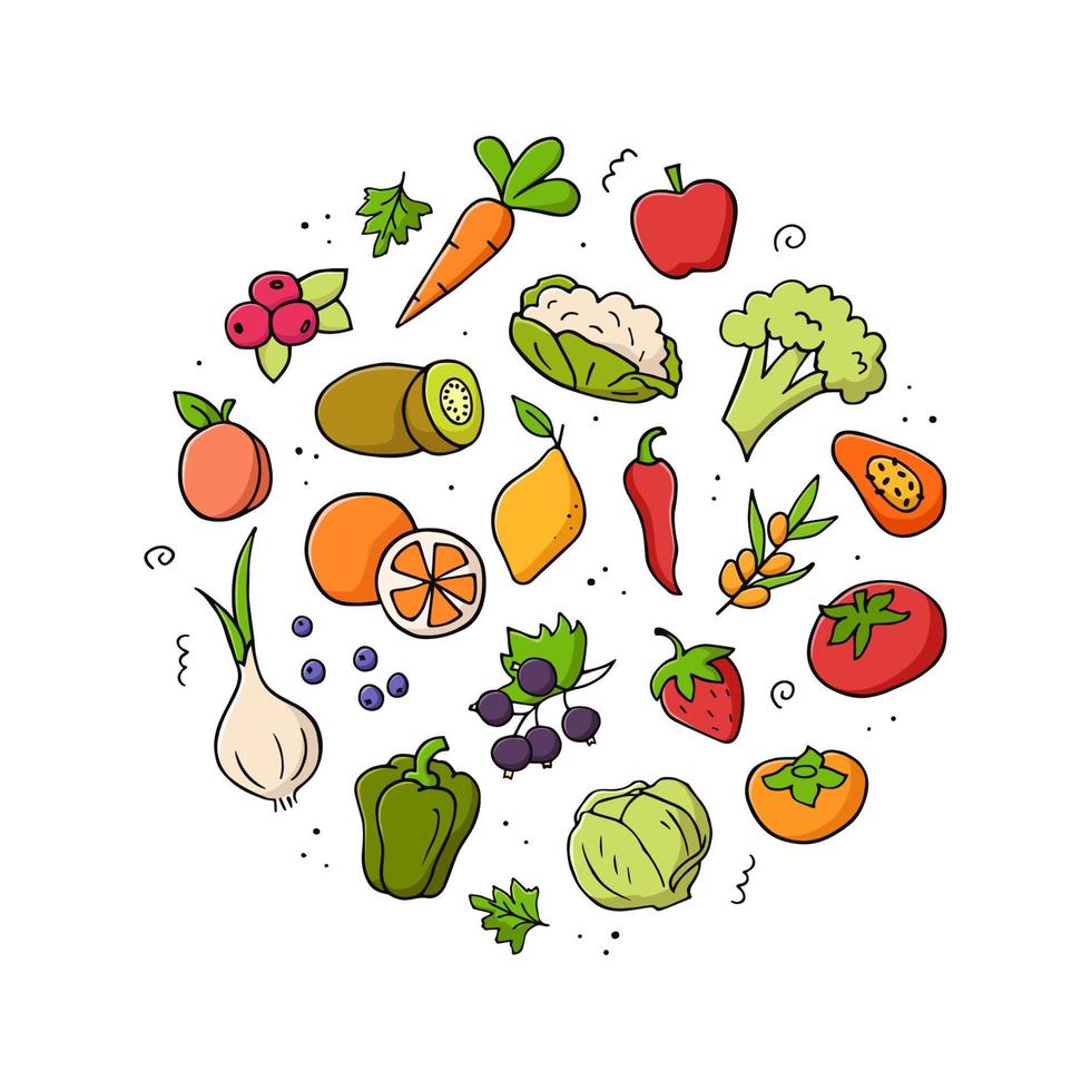 Hand drawn set of vitamin C sources. Vegetables, fruits, berries. Doodle sketch style. Vector color illustration for banner, website, background and more.