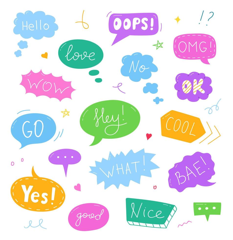 Set of hand drawn speech bubbles with text Hello, Love, Ok, Wow, No, Oops. Vector illustration.