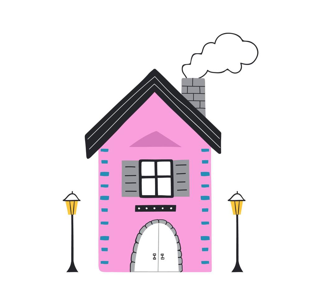 linda casa rosa dibujada a mano y dos linternas. ilustración de moda en estilo plano. vector