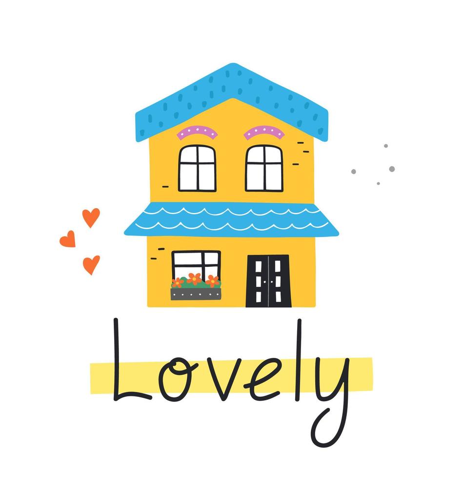 linda casita amarilla con letras. ilustración de casa de moda dibujada a mano. vector