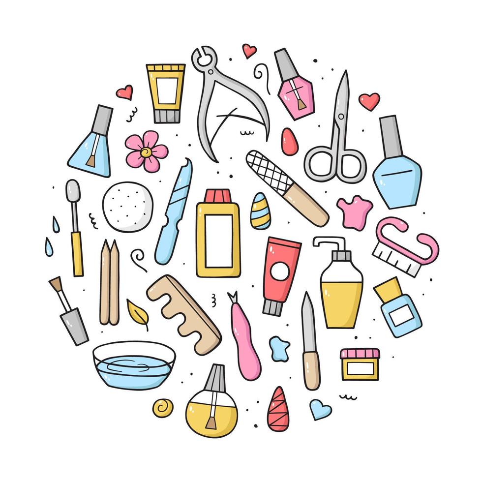 Manicure equipment set. Collection hand drawn different tools. Doodle sketch style. Vector colorful illustration for icon, website, landing page, background.