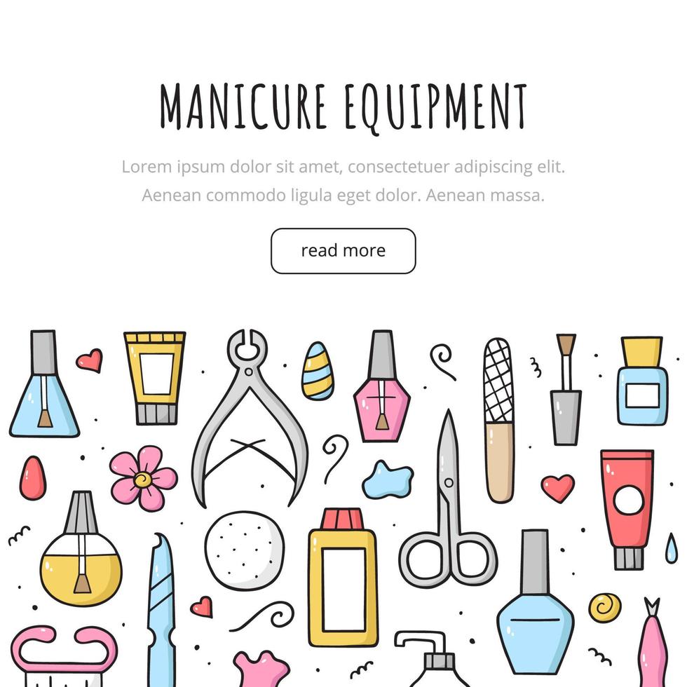 Hand drawn template with manicure equipment. Doodle sketch. Vector illustration for banner, frame, landing page, website.