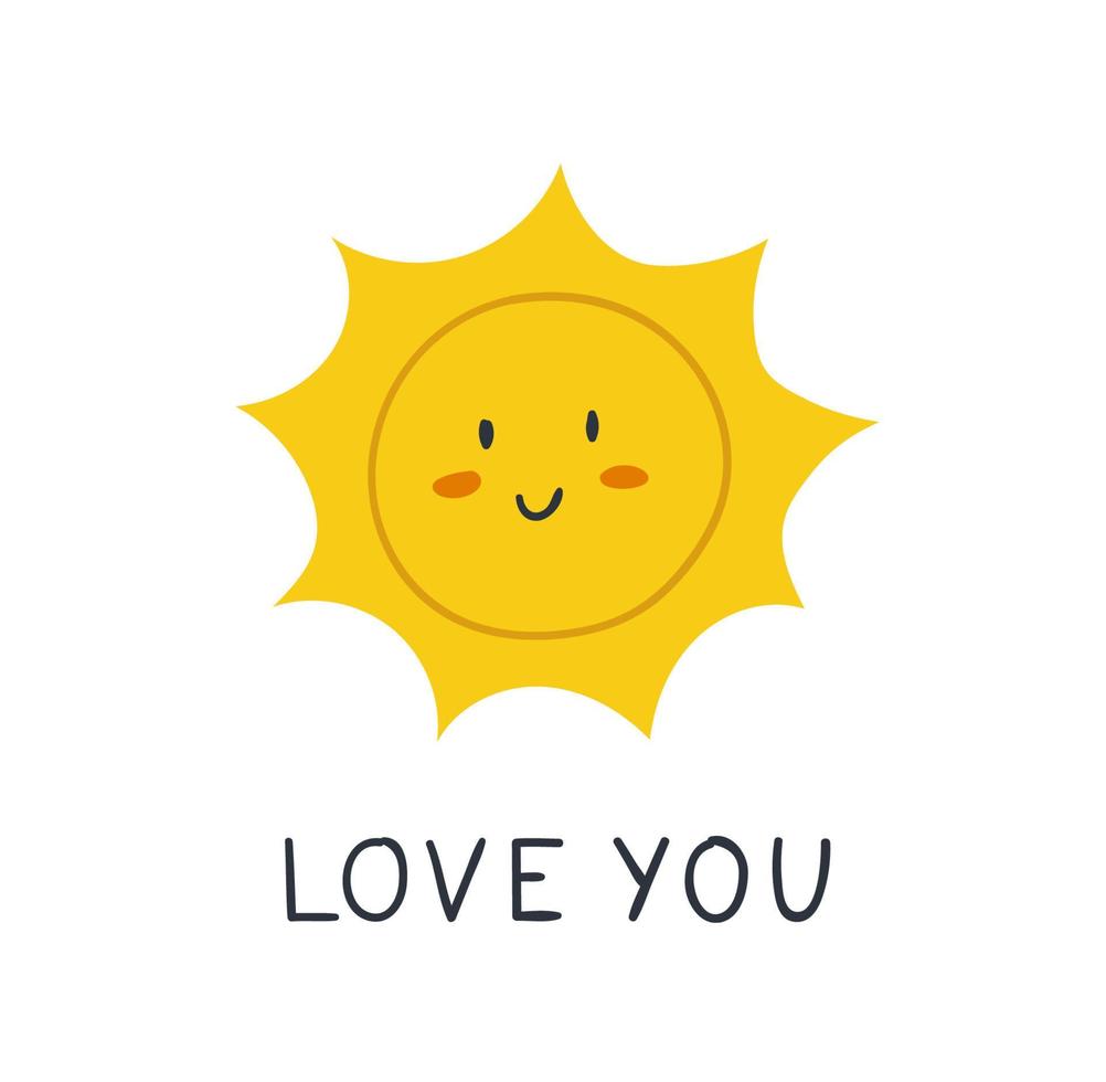 Cute sun and handwriting phrase Love you. Vector hand drawn illustration.