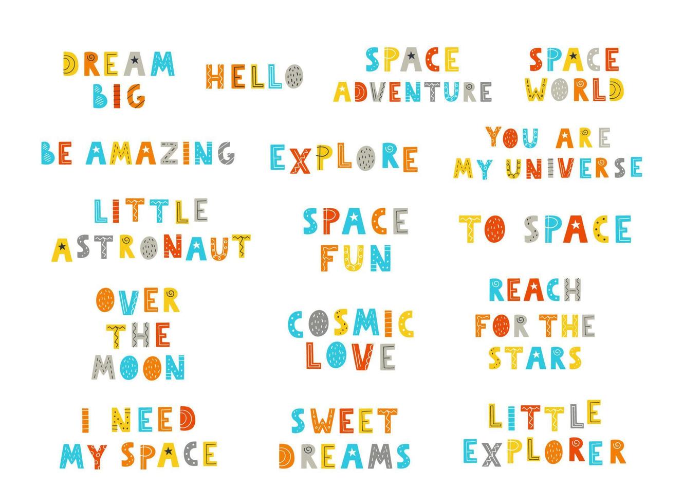 Collection of Space color hand drawn lettering. Vector illustration.