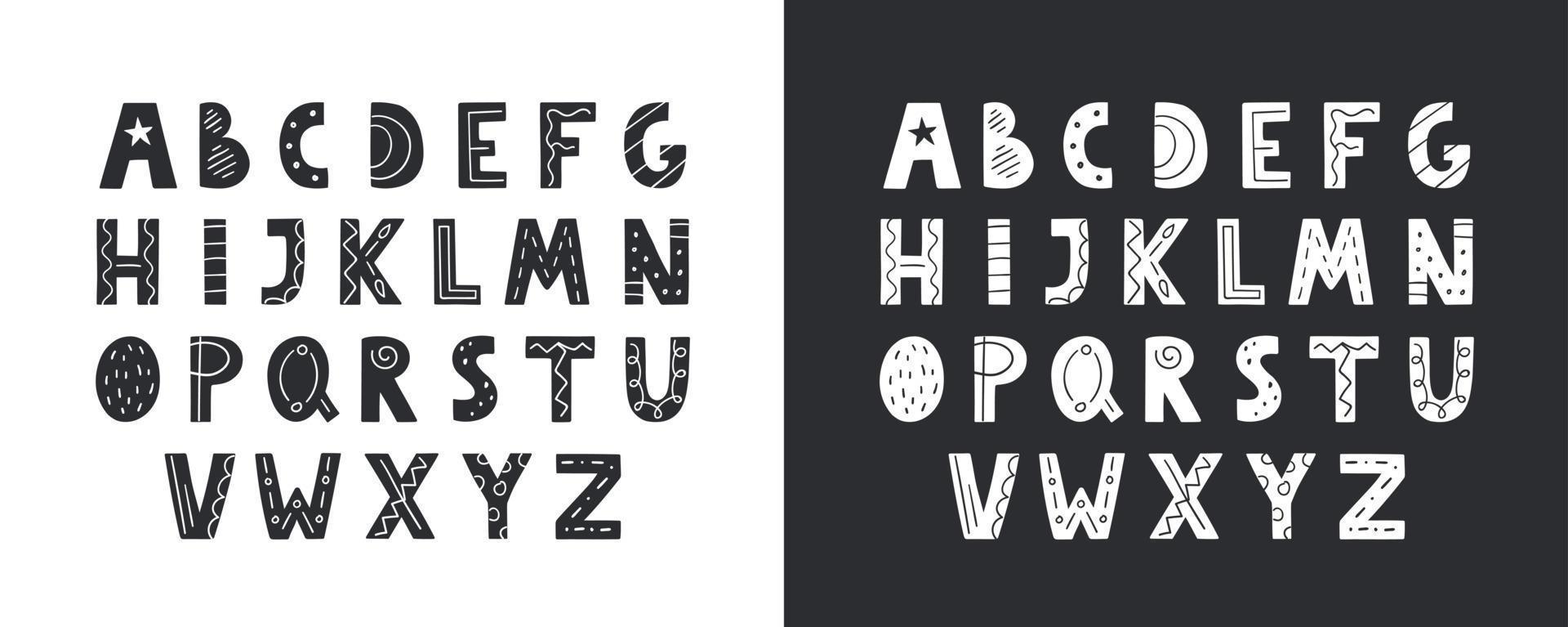 Cute hand drawn alphabet in vector. Doodle letters for your design. Black and white version. vector