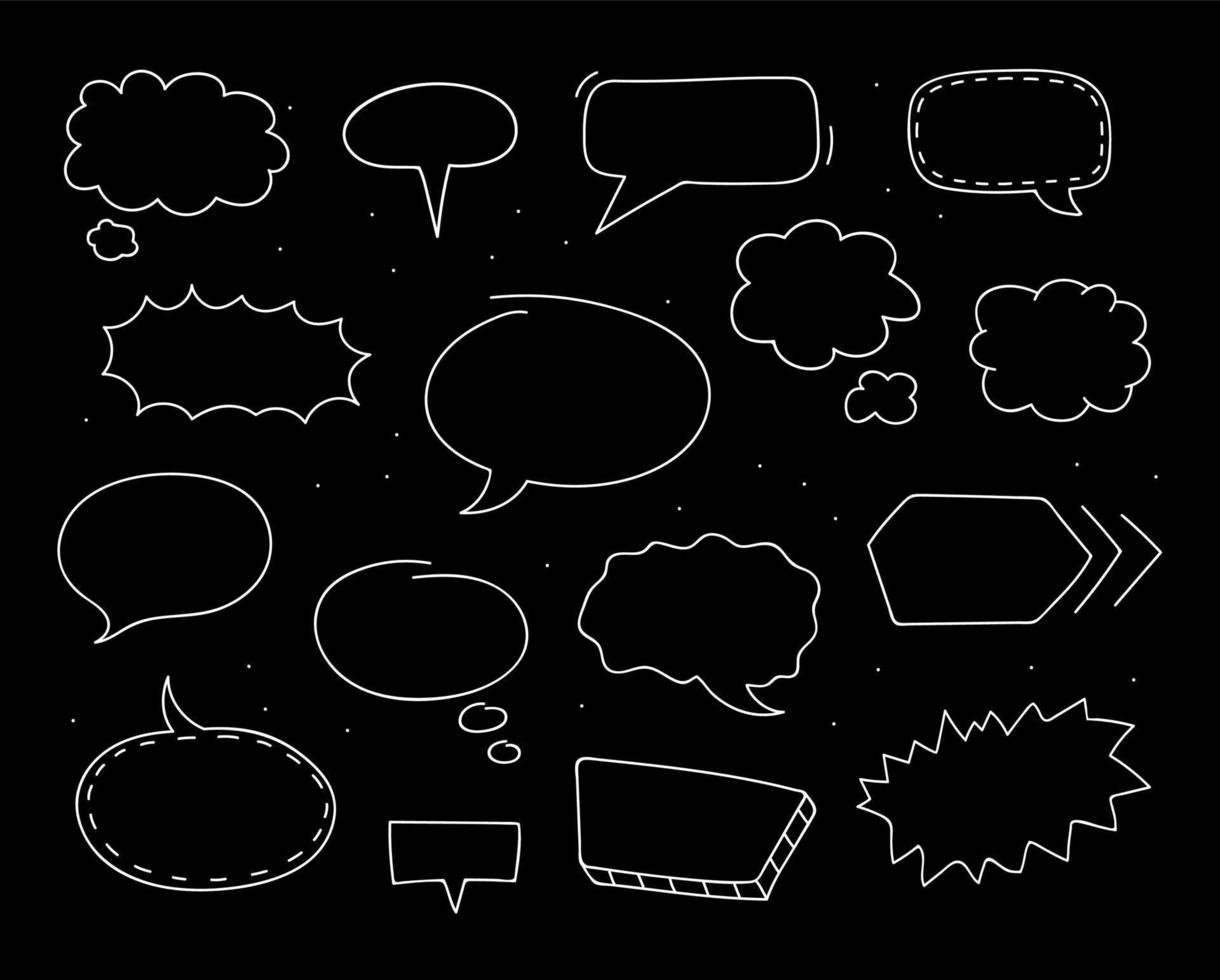 Hand drawn speech bubbles on black background collection. Doodle sketch. Vector illustration.