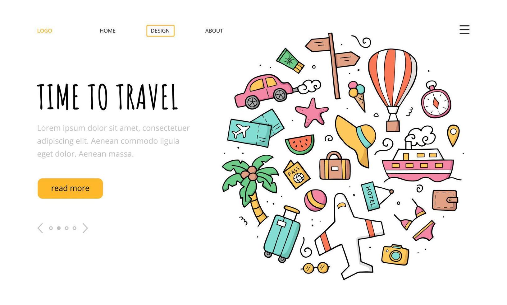 Travel elements. Landing page template. Hand drawn vector color illustration. Doodle sketch style.