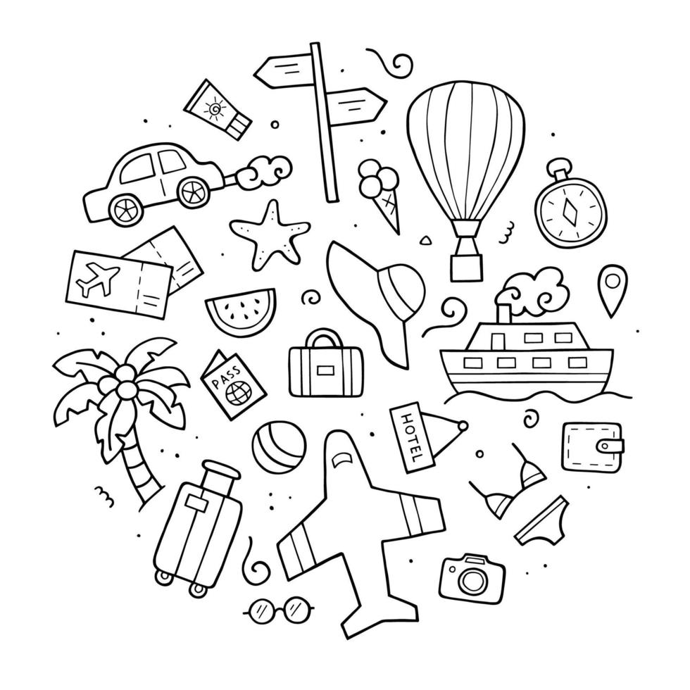 Hand drawn set of travel. Doodle sketch style. Elements of traveling. Vector outline illustration for banner, website, landing page, background and more.