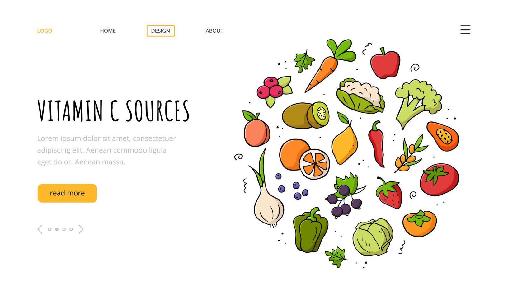Vitamin C sources landing page template. Set of vegetables, fruits, berries. Hand drawn vector color illustration. Doodle sketch style.