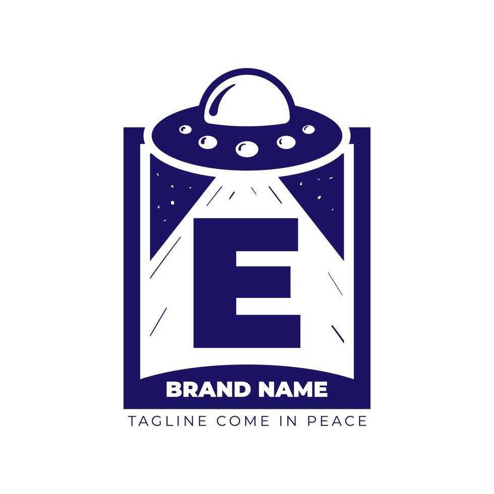 letter E UFO illustration for tee shirt and initial vector logo design
