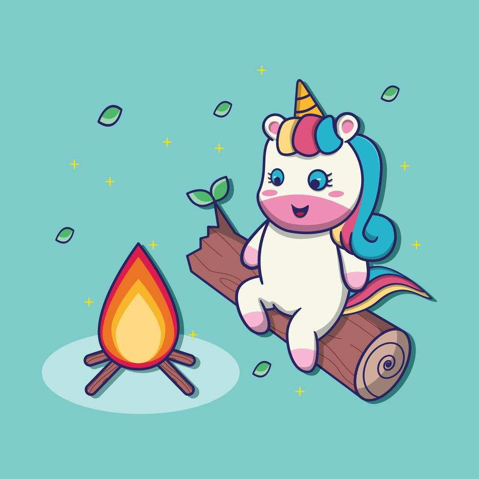 cute unicorn Camping in the Forest, Enjoy the Bonfire, suitable for children's books, birthday cards, valentine's day, stickers, book covers, greeting cards, printing. vector
