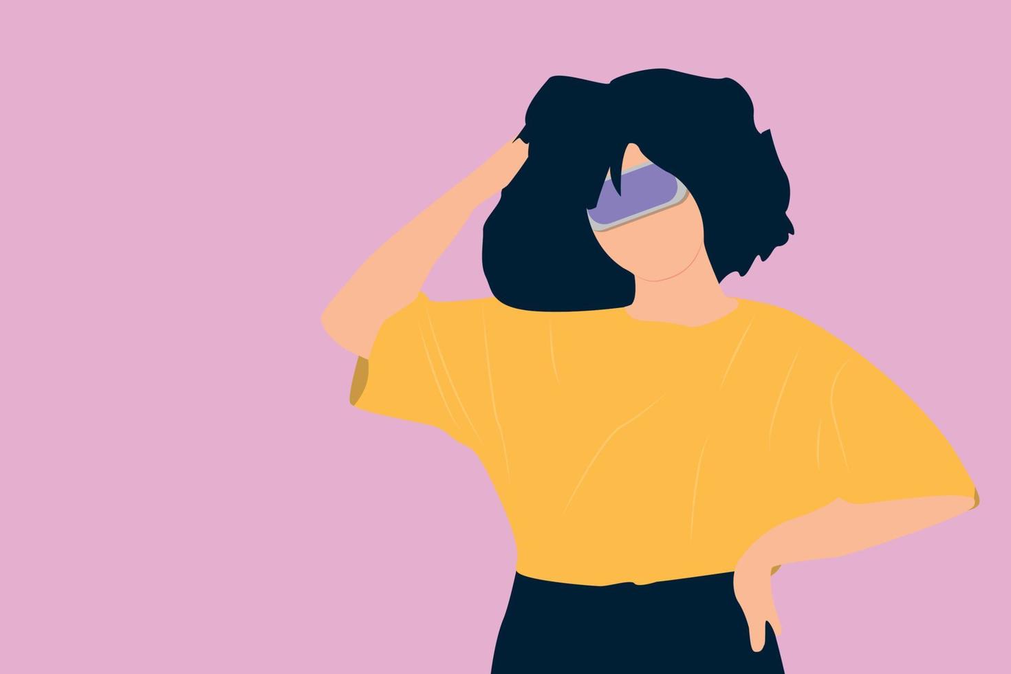 ilustración, vector, gráfico, plano, diseño, de, un, confuso, joven, mujer hermosa, con, vr, aislado, encima, un, pared rosa, plano de fondo. silueta de una mujer usando vr vector