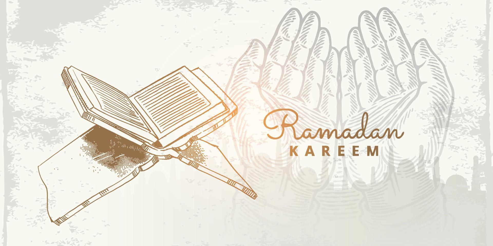 Ramadan Kareem background with hand drawn quran sketch mosque vector