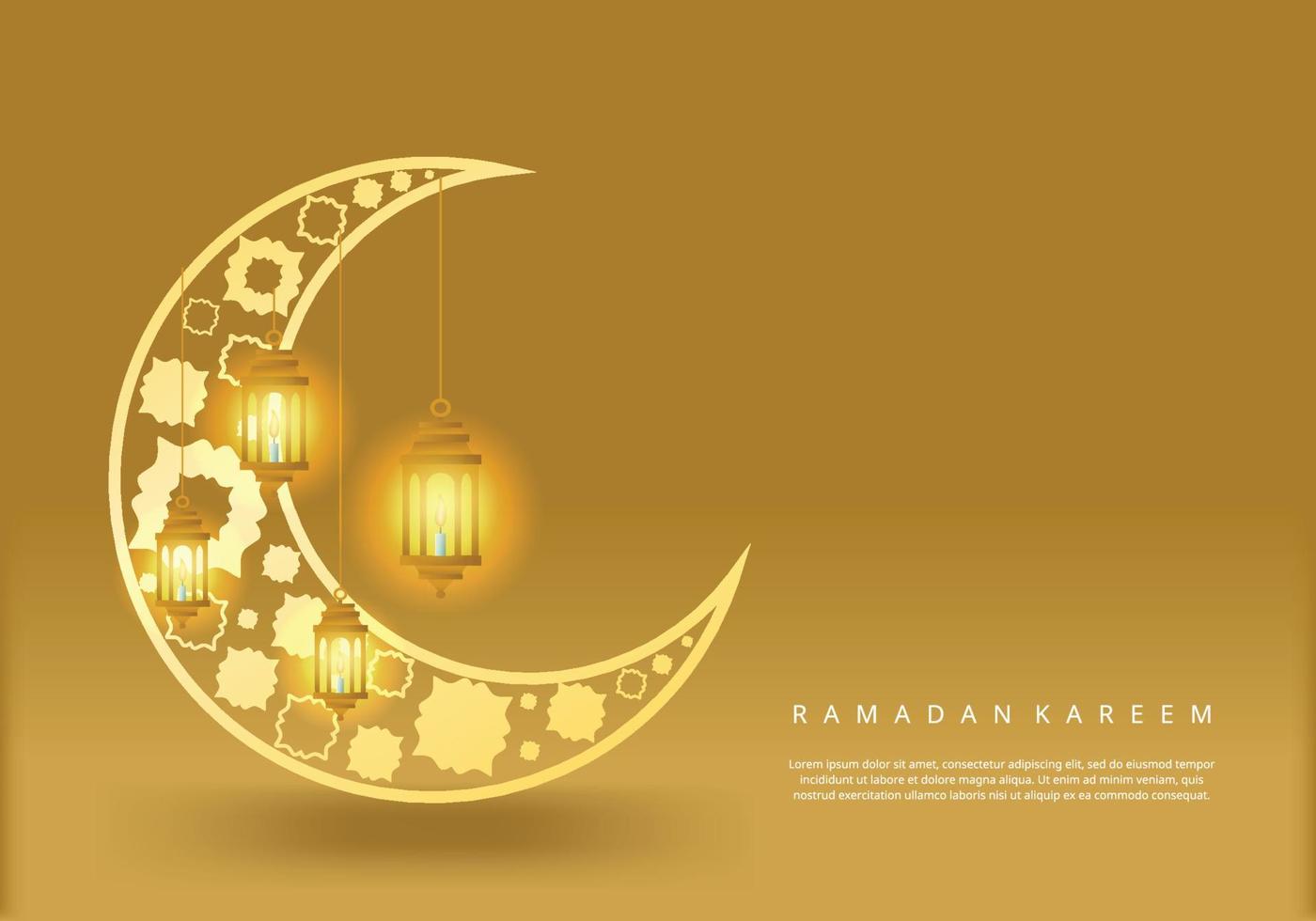 Ramadan Kareem greeting card with golden moon and lanterns. vector