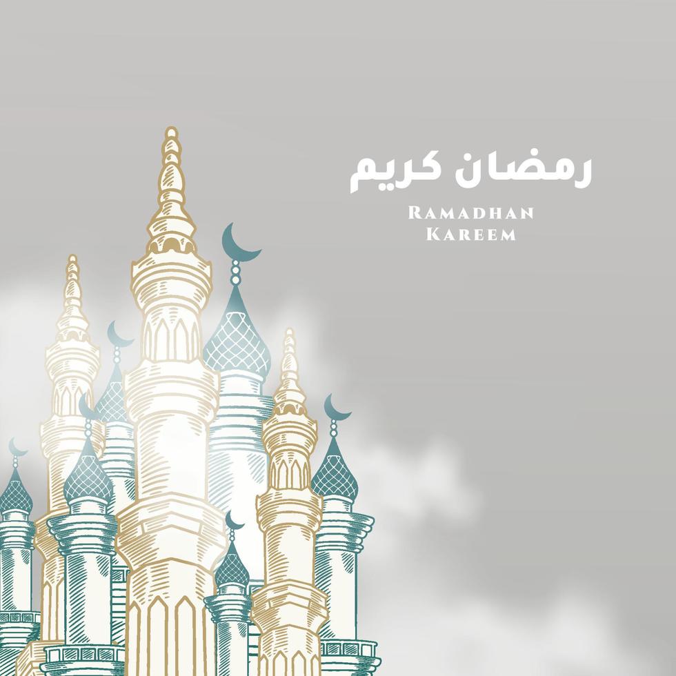 tarjeta de felicitación ramadan kareem con mezquita dorada y verde dibujada a mano. vector