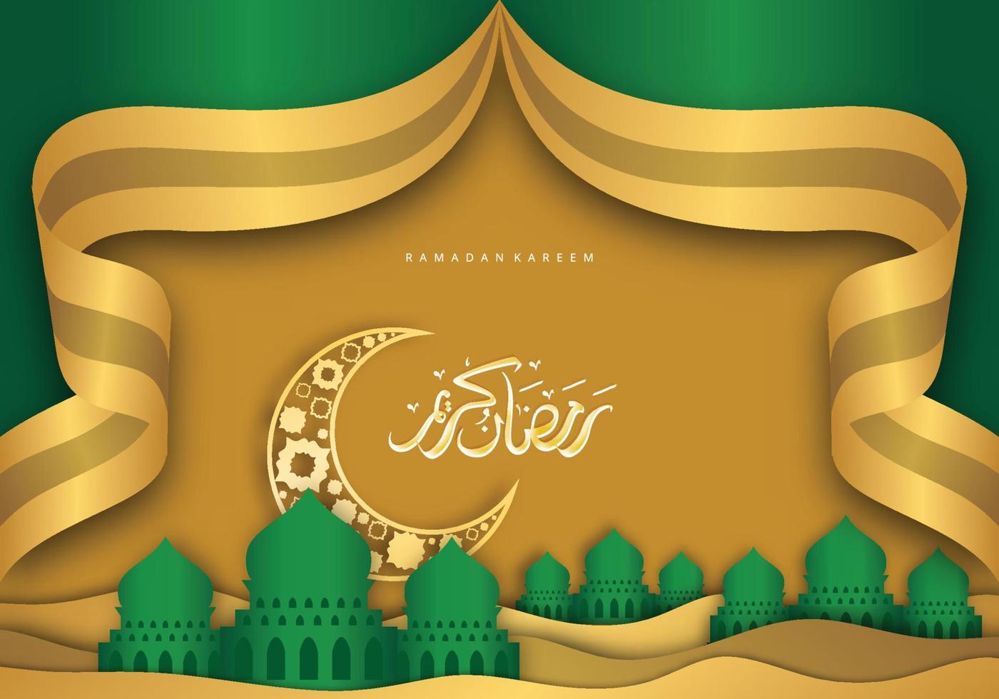 Ramadan Kareem background with green mosque, moon islamic calligraphy vector
