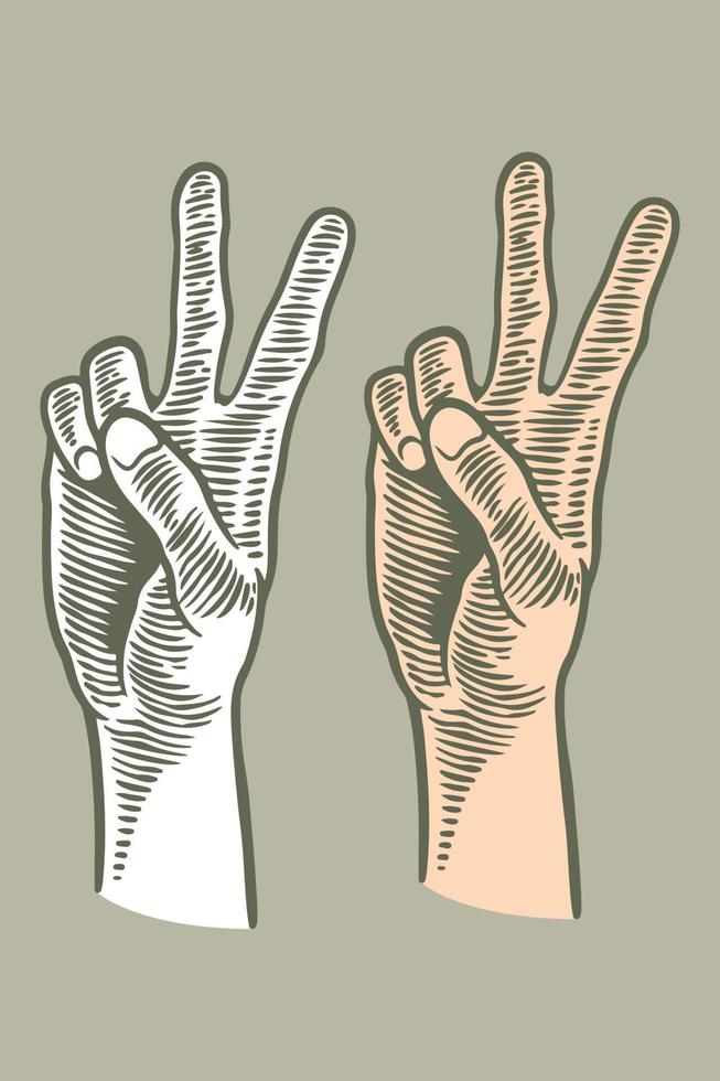 hand drawing engraving hand peace gesture isolated on grey background vector