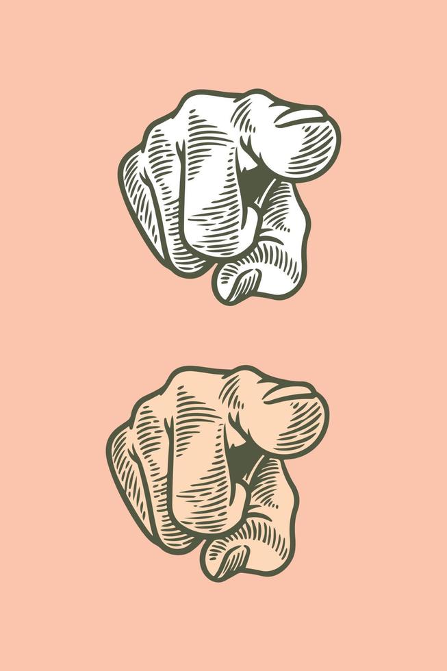 hand drawing engraving hand pointing isolated on pink background vector