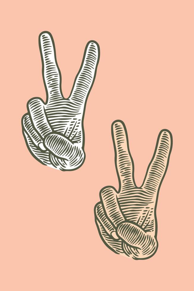 hand drawing engraving hand peace gesture isolated on pink background vector