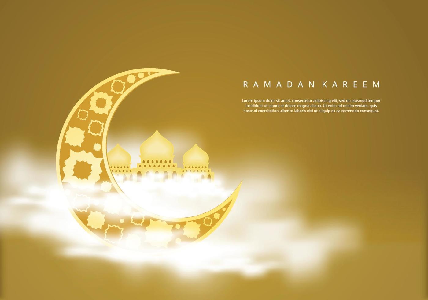 Ramadan Kareem greeting card with white cloud, golden moon and mosque. vector
