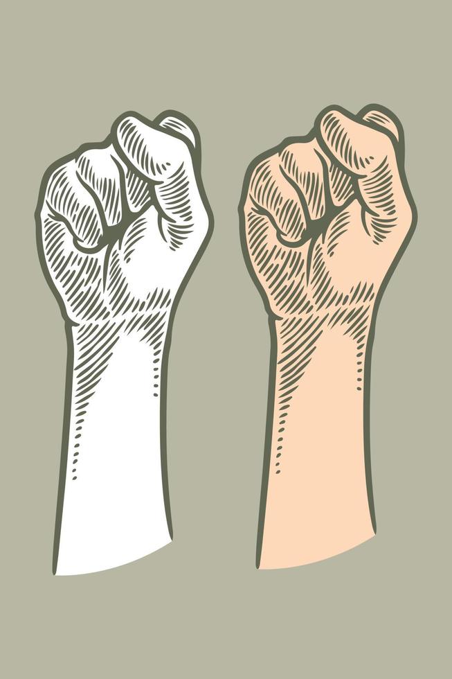 hand drawing engraving hand fist arm isolated on grey background vector