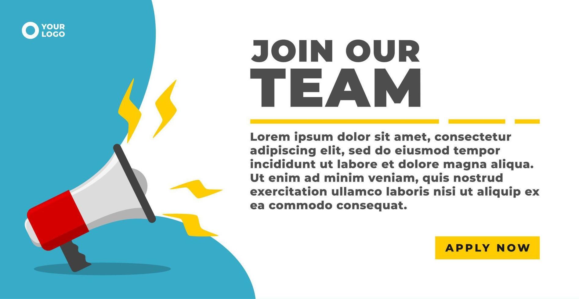 we're hiring banner with a megaphone flat vector illustration. join us, join our team vector graphic