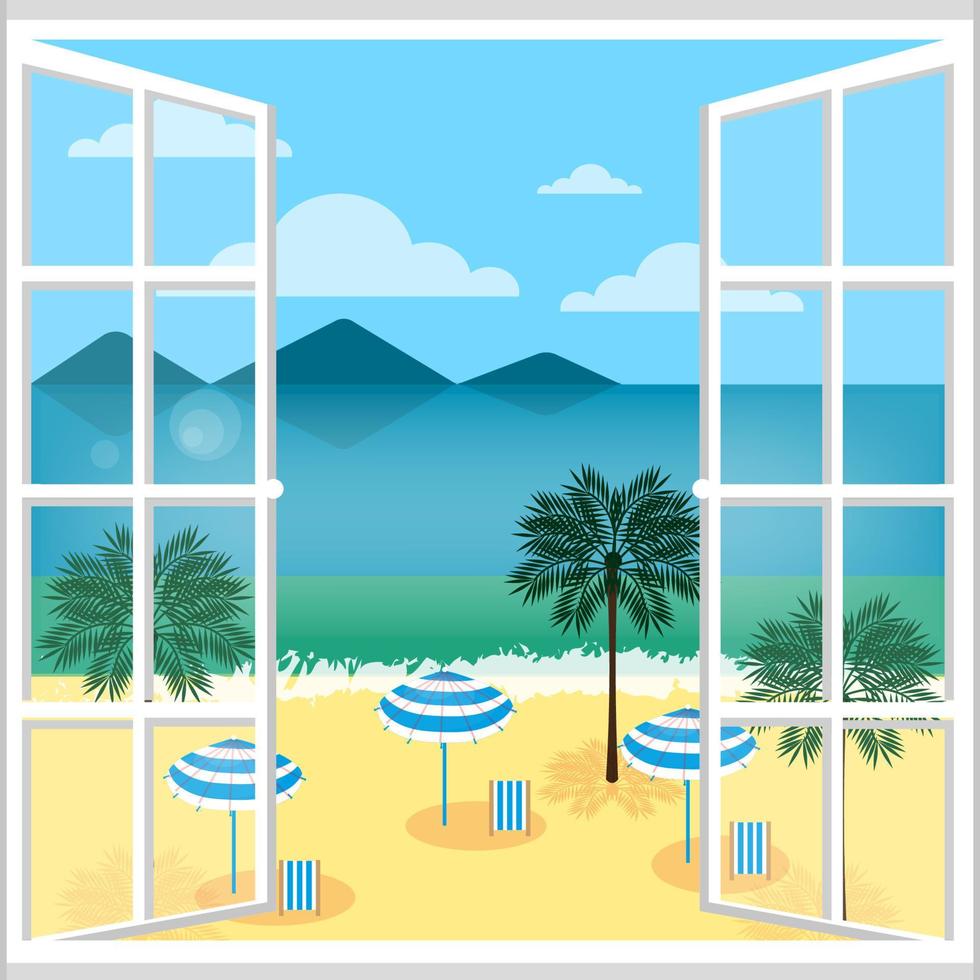 Summer vacation view from the hotel window to the beach, Sun loungers on the seashore and palm trees, flat minimalistic style, seascape Banner, Vector illustration