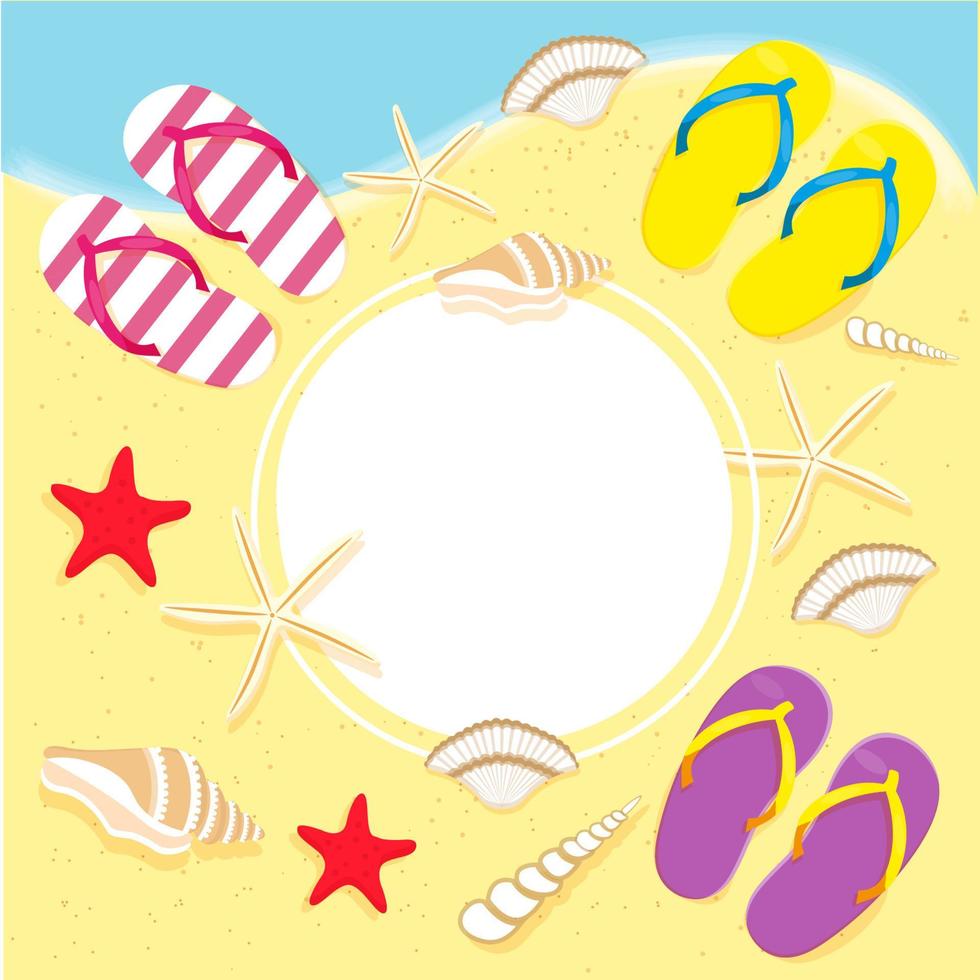 Vacation or vacation at sea, scattered flip flops, seashells, starfish beach, holiday and travel concept vector