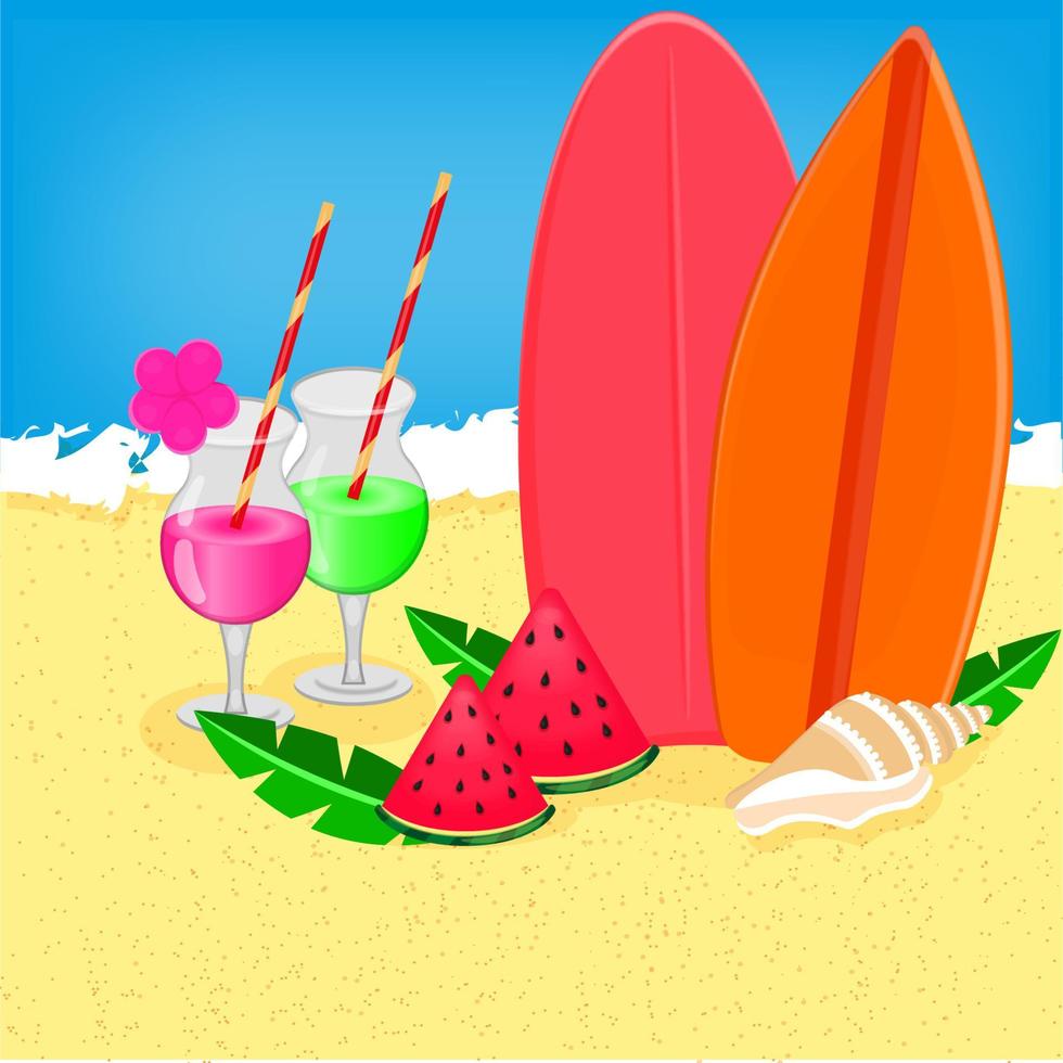 Summer beach drinks, surfboards, watermelon, shell, flat style vector illustration.