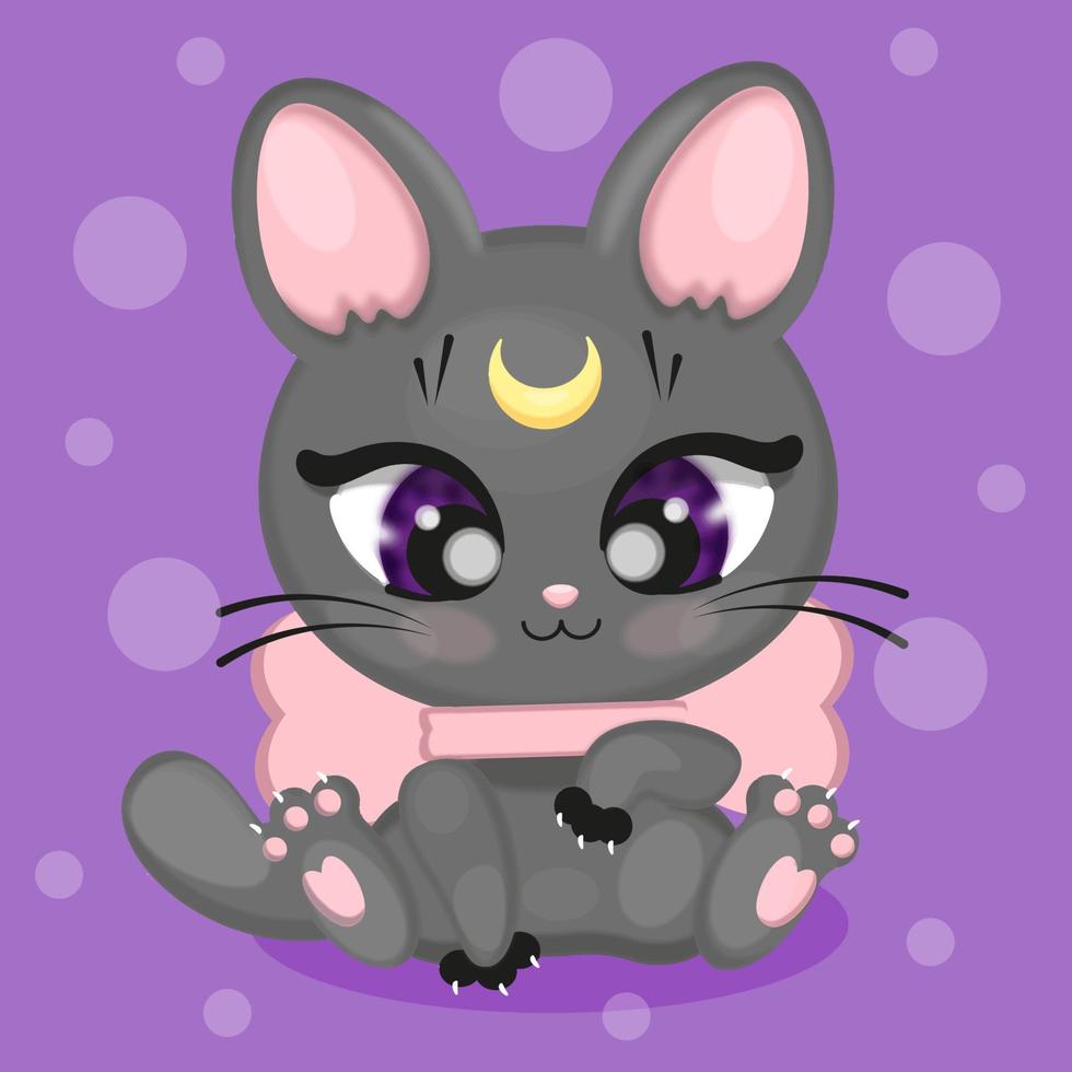 lindo gato de dibujos animados en estilo anime, hermoso gris con grandes ojos, estampado textil para camiseta o empaque, pegatina, emoción, ilustración vectorial vector