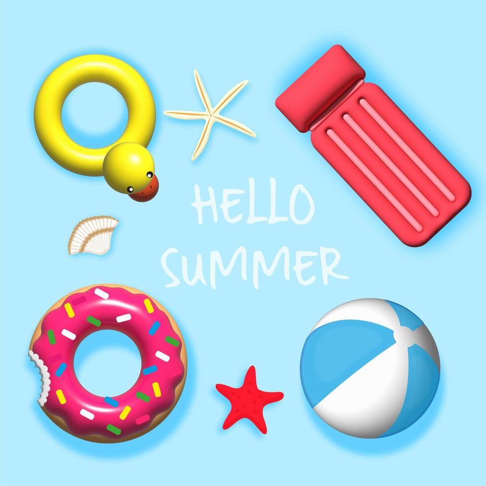 Hello Summer, Set of Inflatable Rings and Inflatable Mattress for Water Leisure, Cute Realistic Swimming Accessories, 3D Vector Illustration