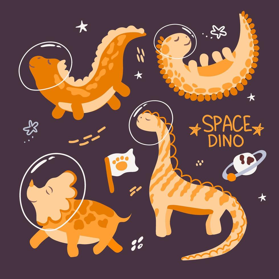 Cute, hand-drawn, cartoon-style dinosaur astronauts. Dinosaurs in space with planets, comets, and stars around them. Can be used for greeting cards, children's fashion, textiles, fabrics, posters, t-s vector
