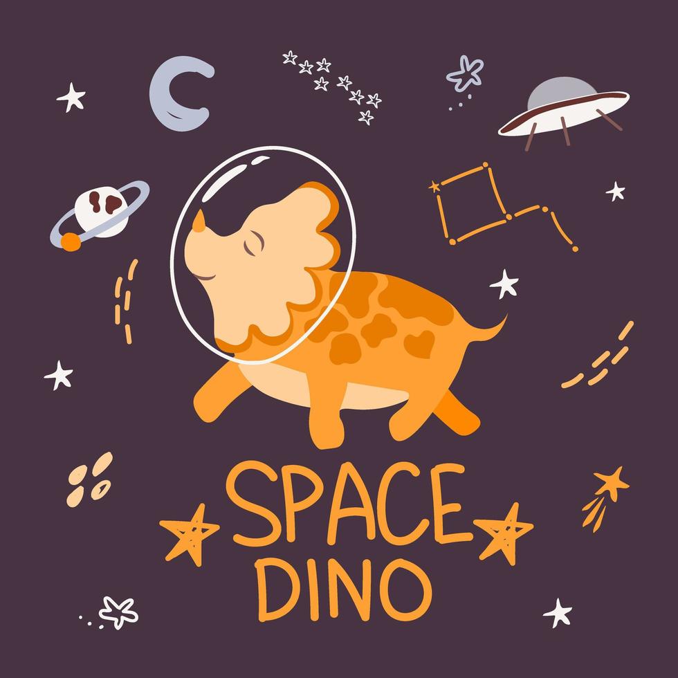 Cute space dinosaur with a planet, stars, and comets around it. Flat style vector. Dinosaur astronaut. Can be used for postcards, children's fashion, textiles, fabrics, posters, t-shirts. vector