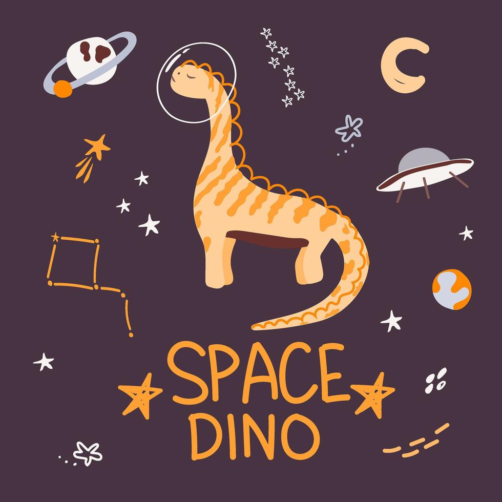 Cute space dinosaur with a planet, stars, and comets around it. Flat style vector. Dinosaur astronaut. Can be used for postcards, children's fashion, textiles, fabrics, posters, t-shirts. vector