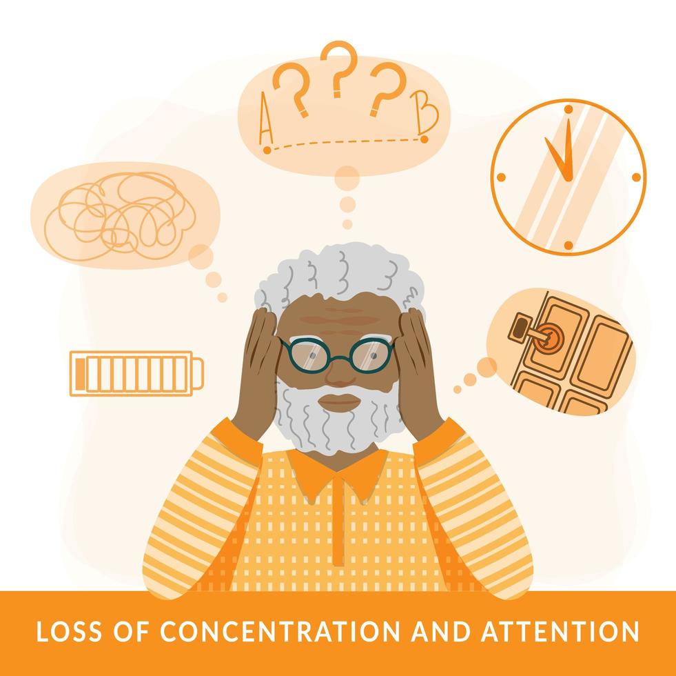 The concept of Alzheimer's disease. Cute elderly man with stress, anxiety, and memory problems. Colored man holding his head. Flat style vector illustration.