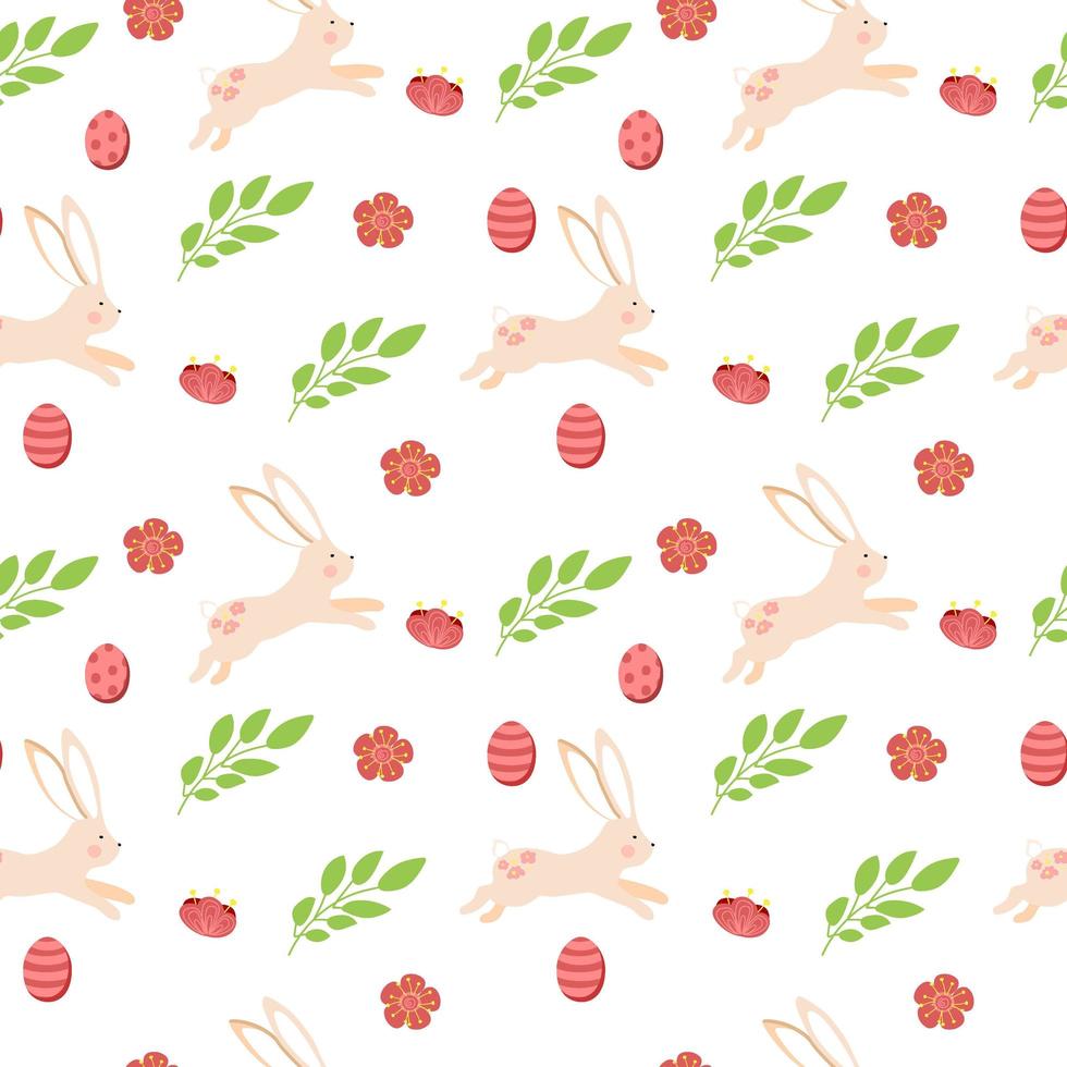 Seamless pattern of Easter bunnies and brightly colored eggs, hand-painted elements. Jumping bunnies. Eggs with different patterns. Easter. Spring. Vector in cartoon style.