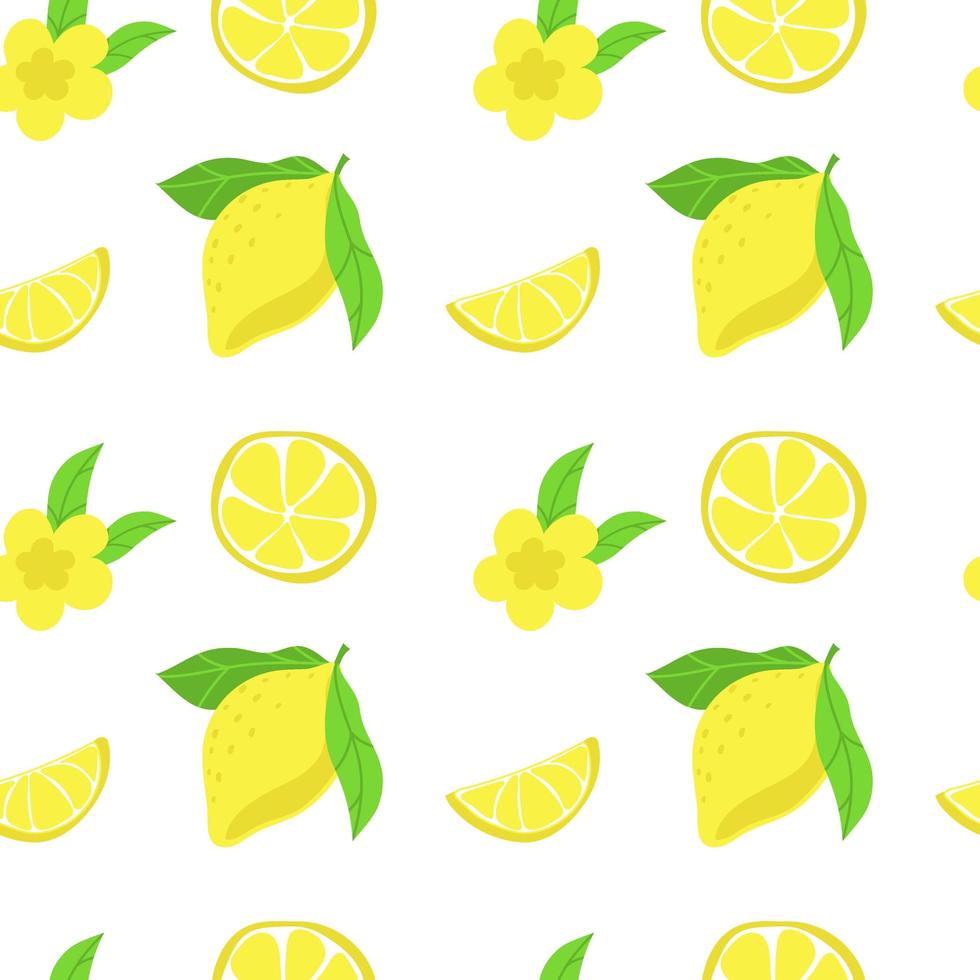 Seamless pattern of bright lemons, hand-drawn elements. Summer. Yellow lemons with leaves and flowers on white background. Suitable for textiles and packaging. vector