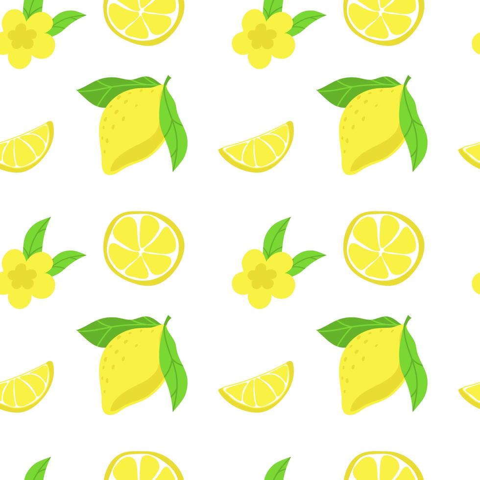 patrón sin costuras de limones brillantes, elementos dibujados a mano. el verano. limones amarillos con hojas y flores sobre fondo blanco. adecuado para textiles y embalajes. vector