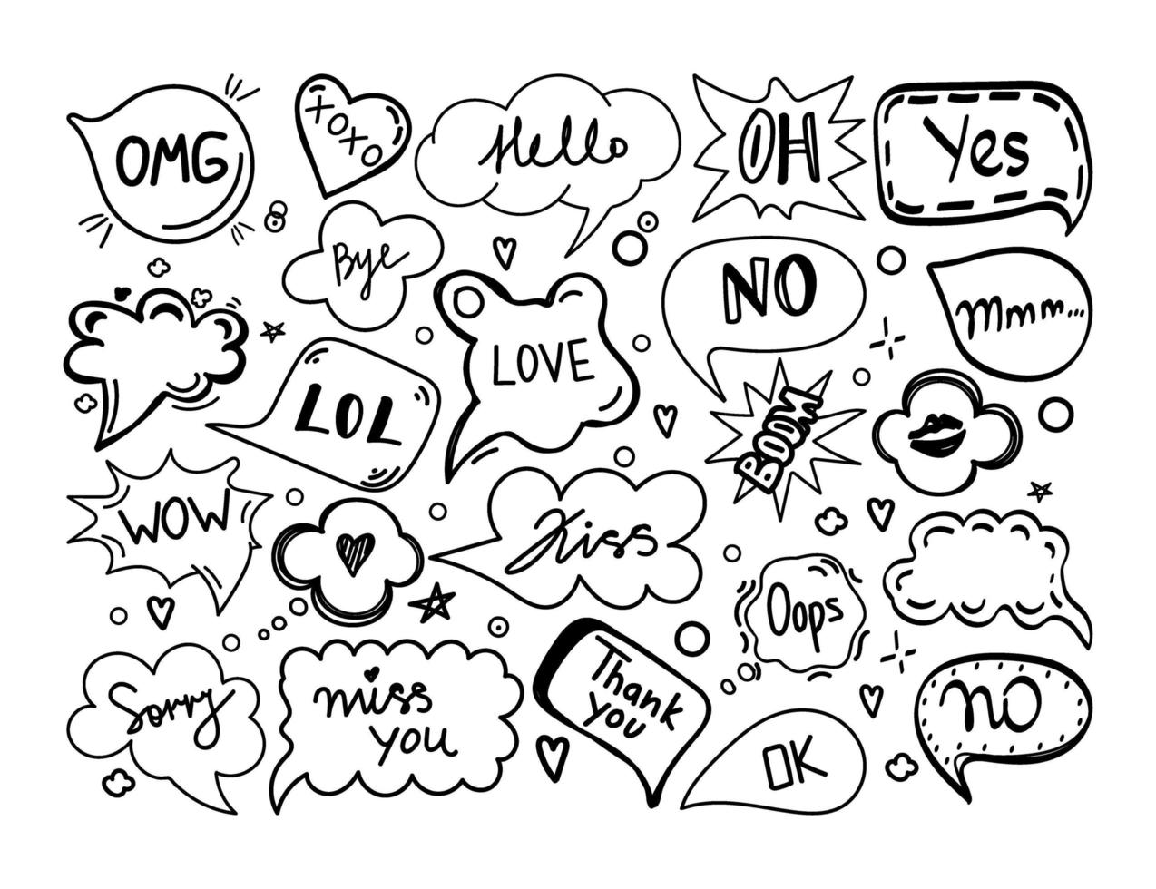 A set of speech bubbles with hand-drawn doodle-style dialogue words. Hello, Love, Sorry, Love, Kiss, No, Bye, OMG, kiss trail, boom, lol. Speech templates. Vector illustration.