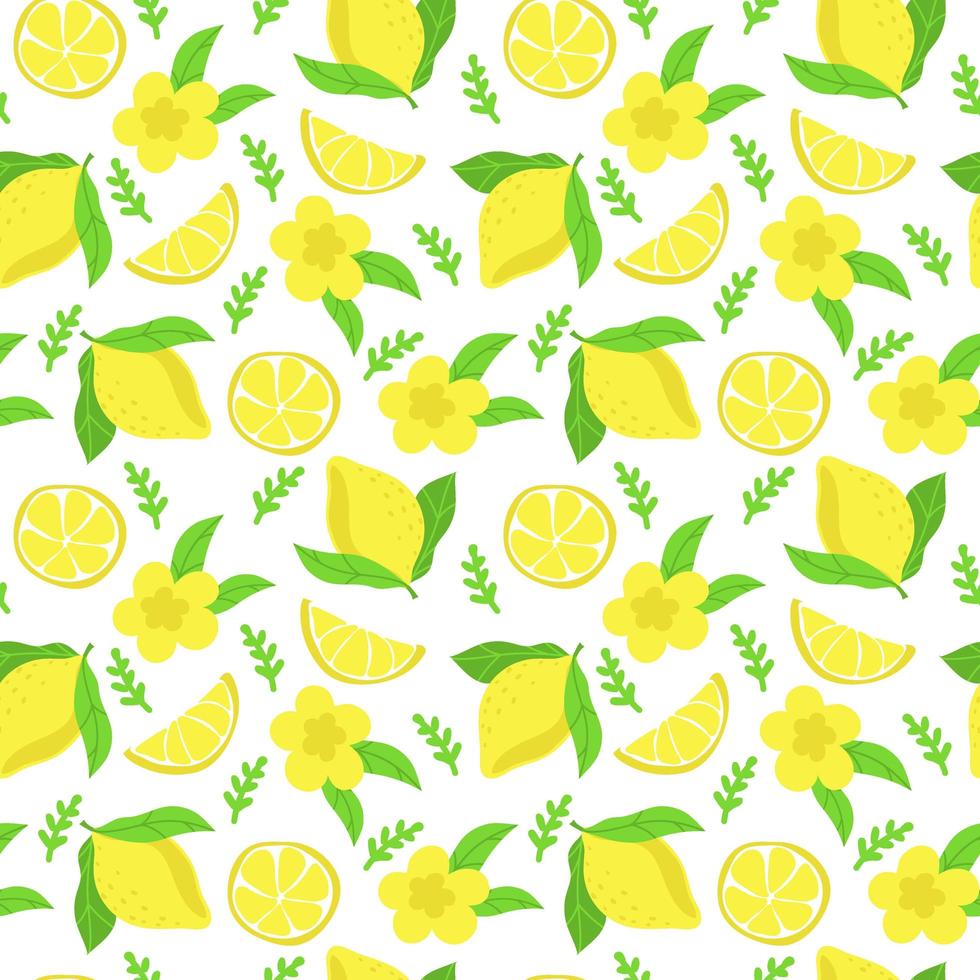 Seamless pattern of bright lemons, hand-drawn elements. Summer. Yellow lemons with leaves and flowers on white background. Lemonade. Suitable for textiles and packaging. vector