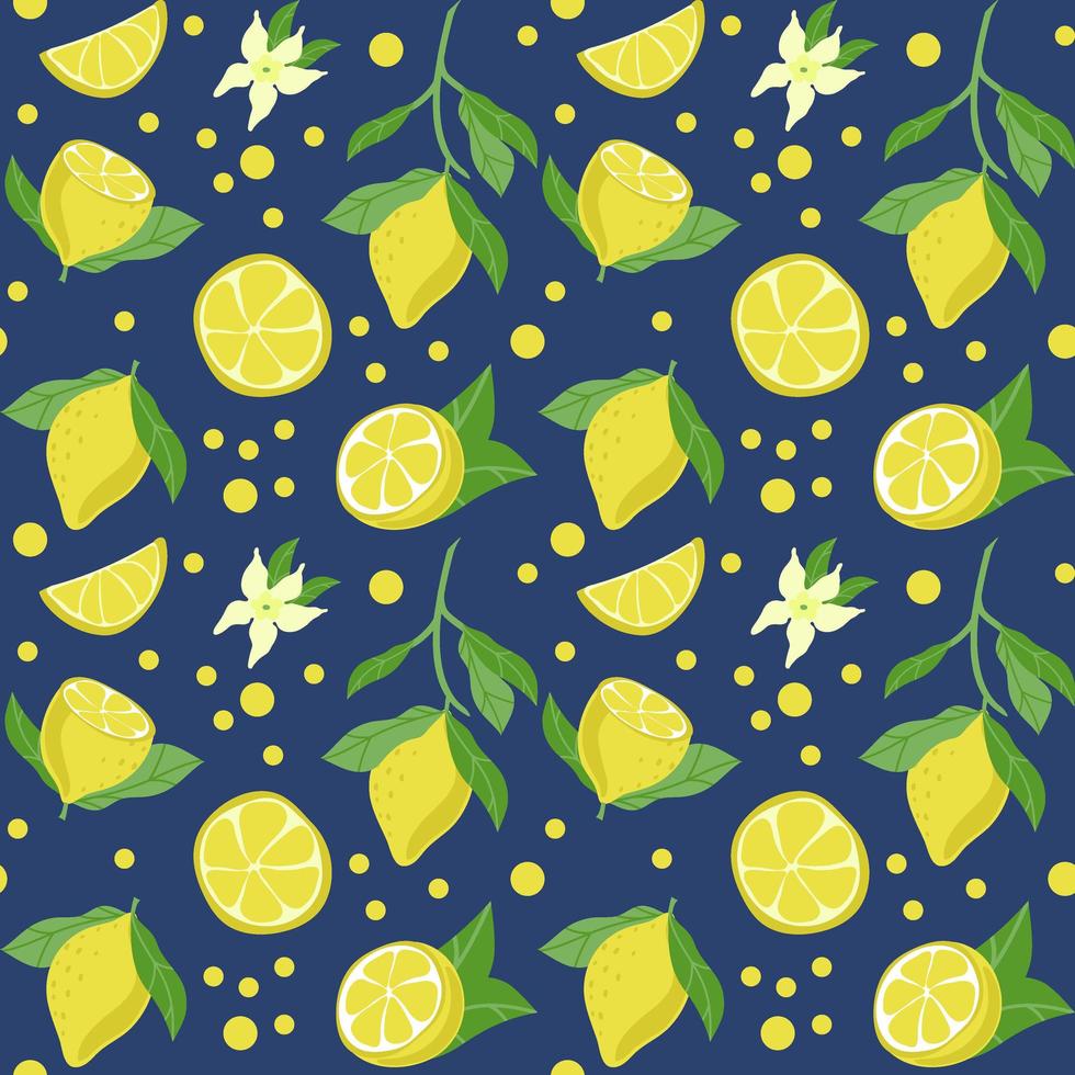 Seamless pattern of bright lemons, hand-drawn elements. Summer. Yellow lemons with leaves and flowers on a dark background. Lemonade. Suitable for textiles and packaging. vector