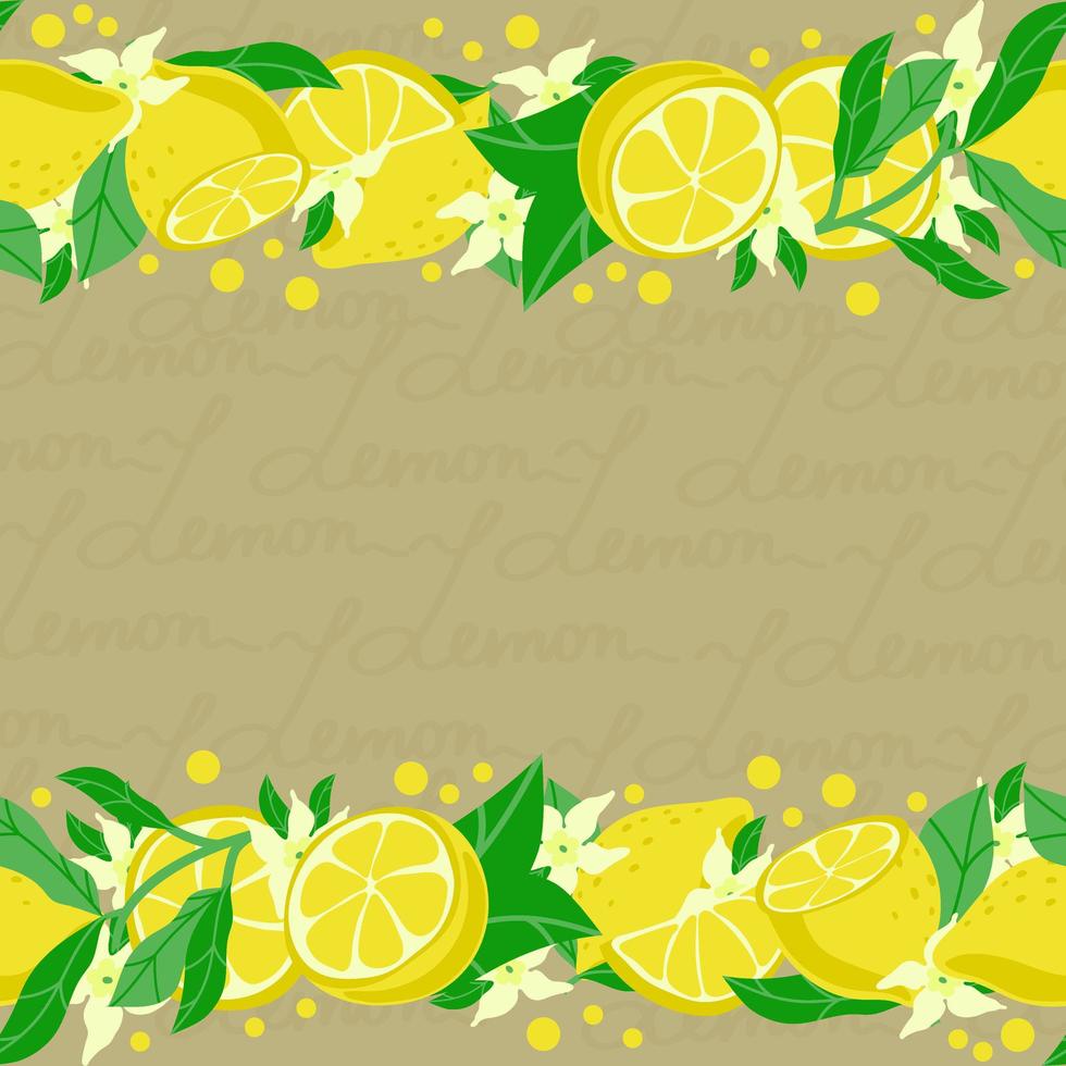 Holiday board decorated with ripe yellow lemons, hand-drawn. Isolated on a vintage background. Sample poster, party invitation, holiday banner, postcard. Vector close-up cartoon illustration.